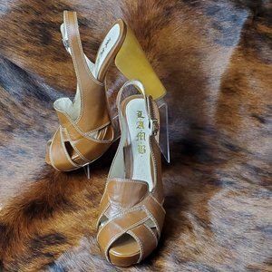 LAMB PEEP TOE HIGH HEEL SANDALS | BROWN  8 1/2 MEDIUM